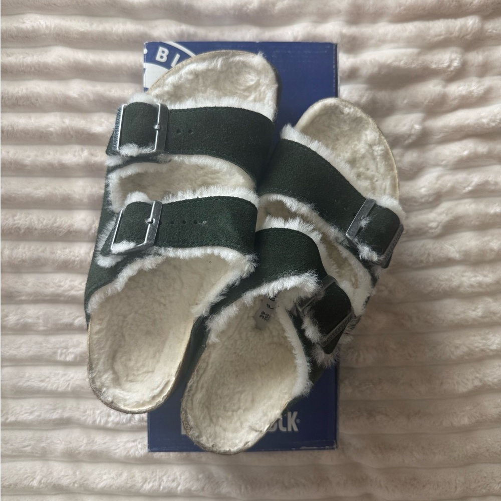 Birkenstock Dark Green Fuzzy Sandals